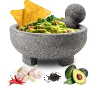 WhiteRhino Juego de mortero y pilón, 4 tazas de granito natural sin pulir Molcajete Mexicano, cuenco de guacamole extra grande de 8 pulgadas, molinillo de piedra de pilón Motar para guacamole, salsa,