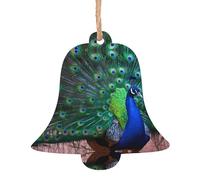 WHJDPP Adornos de madera de Navidad con forma de campana, 6 piezas, hermosa impresión de pavo real para colgar