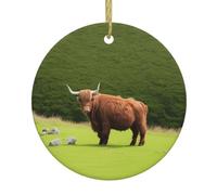 WHJDPP Colgante redondo de cerámica con diseño de vaca escocesa de las Tierras Altas, decoración navideña de 2.9 pulgadas
