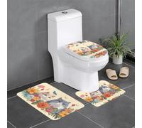 WHJDPP Funny Cats Birds and Flowers Printing - Juego de alfombras antideslizantes para baño, 3 piezas, contorno, ovaladas y rectangulares para inodoro, tocador y baños
