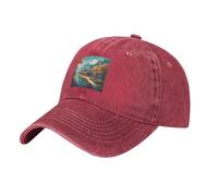 WHJDPP Gorra de béisbol de mezclilla lavada negra con diseño de paisaje a lo largo del camino para hombres y mujeres, ala curvada clásica, Rojo, talla única