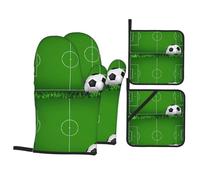 WHJDPP Green Grass Field Soccer Playground The Ball Picture - Juego de cuatro piezas para hornear incluye 2 guantes aislados y 2 almohadillas para tapa de olla con bolsillos, antiquemaduras y