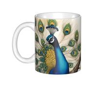 WHJDPP Hermosa taza de cerámica con imagen de pavo real para capuchino, latte, cereales, yogur, leche, bebidas calientes o frías, horno de microondas