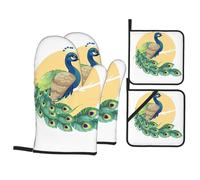 WHJDPP Juego de manoplas y soportes para ollas con estampado de pavo real, poliéster impermeable, negro, 21 x 21 cm, 4 piezas