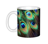WHJDPP Taza de cerámica con imagen de plumas de pavo real para capuchino, latte, cereales, yogur, leche, bebidas calientes o frías, horno de microondas