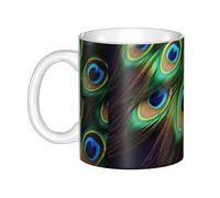WHJDPP Taza de cerámica con imagen de plumas de pavo real para capuchino, latte, cereales, yogur, leche, bebidas calientes o frías, horno de microondas