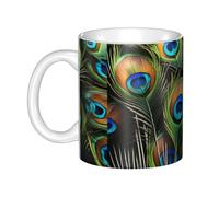 WHJDPP Taza de cerámica con imagen de plumas de pavo real para capuchino, latte, cereales, yogur, leche, bebidas calientes o frías, horno de microondas