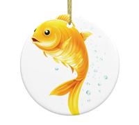 WHJDPP Un pez dorado brillante salta fuera del agua con impresión de árbol de Navidad redondo de cerámica para colgar, 7,4 cm, añade ambiente a la fiesta navideña