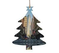WHJSHOP Adornos de madera de Navidad con forma de árbol de Navidad, 6 unidades, impresiones de calles de la ciudad de Nueva York para colgar