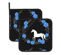 WHJSHOP Alfombrilla cuadrada aislada con estampado de caballo blanco entre flores azules, 2 piezas con una práctica cuerda lateral para colgar para un fácil almacenamiento