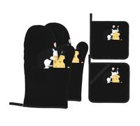 WHJSHOP Big Cheese Little Mouser - Juego de cuatro piezas para hornear de cocina, incluye 2 guantes aislados y 2 almohadillas para tapa de olla con bolsillos gruesos y duraderos