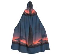 WHJSHOP Capa con capucha para adultos con diseño de edificios altos en el sol de la noche para Halloween, juegos de rol y fiestas de disfraces