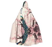 WHJSHOP Capa grande con capucha con estampado de pavos reales en el árbol floreciente de Halloween para adultos, capa con capucha y pajarita, sin cremallera