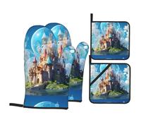 WHJSHOP Castle in The Bubble - Juego de 4 manoplas de horno aisladas y soportes para ollas, antiquemaduras y aislamiento térmico