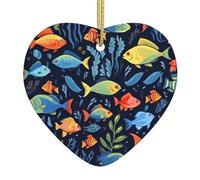 WHJSHOP - Colgante de cerámica para árbol de Navidad de 6,8 x 7,6 cm, diseño de mundo submarino azul de peces con cuerda de alambre dorada para colgar fácilmente