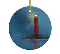 WHJSHOP Colgante redondo de cerámica con diseño de faro en la costa, árbol de Navidad, decoración navideña de 2.9 pulgadas