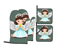 WHJSHOP Cute Little Angel - Manoplas de horno y soportes para ollas, poliéster impermeable, verde, 21 x 21 cm, juego de 4 piezas