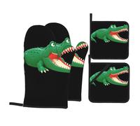 WHJSHOP El juego de cuatro piezas para hornear de cocina con patrón de cocodrilo grande en la piscina incluye 2 guantes aislados y 2 almohadillas para tapa de olla con bolsillos gruesos y duraderos