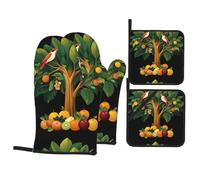WHJSHOP Fruits and birds on the big tree Printed Kitchen Baking Set, oven gloves thick and insulated four piece suit