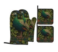 WHJSHOP Green Peacock in Clover Prints - Juego de 4 manoplas de horno aisladas y soportes para ollas, antiquemaduras y aislamiento térmico
