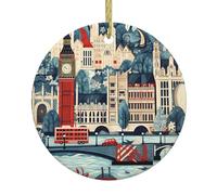 WHJSHOP Hermoso patrón de Londres, decoración de cerámica de Navidad, decoración circular de interior, regalo, 7,4 cm