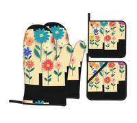 WHJSHOP Juego de 4 manoplas de horno aisladas con diseño de flores coloridas en notas adhesivas, antiquemaduras y aislamiento térmico