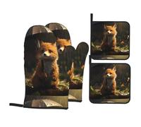 WHJSHOP Little Fox Hiding from The Rain - Juego de 4 manoplas de horno aisladas y soportes para ollas, antiquemaduras y aislamiento térmico