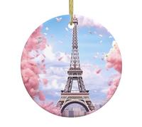 WHJSHOP Paris Street Eiffel Tower - Colgante redondo de cerámica con estampado floral rosa para árbol de Navidad, 7,4 cm, exquisita porcelana blanca, fácil suspensión