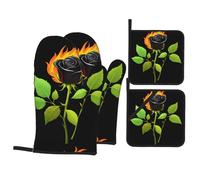 WHJSSF Black Rose in Flame Prints - Juego de 4 manoplas de horno y soportes para ollas, capas de cocina impermeables y agarre resistente al calor, manta duradera para cocinar, hornear y hacer