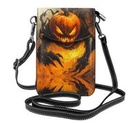 WHJSSF Bolso cruzado pequeño de cuero para teléfono celular, 7.6 x 4.9 pulgadas, estampado de monstruo de calabaza en el fuego, para caminar, acampar, ir de compras, viajar y uso al aire libre
