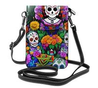 WHJSSF Bolso cruzado pequeño de cuero para teléfono celular, 7.6 x 4.9 pulgadas, estampado del Día de los Muertos, para caminar, acampar, ir de compras, viajar y uso al aire libre