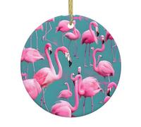 WHJSSF Colgante redondo de cerámica con diseño de árbol de Navidad con diseño de una bandada de flamencos, decoraciones navideñas de 2.9 pulgadas