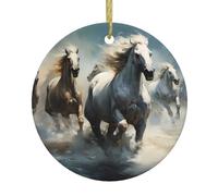WHJSSF Colgante redondo de cerámica con diseño de caballos corriendo salvajes en el río con diseño de árbol de Navidad, 7,4 cm, equipado con cordón de alambre dorado duradero