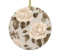 WHJSSF Colgante redondo de cerámica con diseño de rosas desgastadas color crema, árbol de Navidad, decoración navideña de 7,4 cm