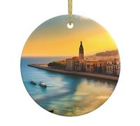 WHJSSF Colgante redondo de cerámica con diseño navideño de puesta de sol en Barcelona, 7,4 cm, añade un ambiente festivo a fiestas de vacaciones