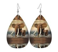 WHJSSF Elefantes y elefantes bebés junto al mar Pendientes de cuero con forma de lágrima, elegantes gotas colgantes para mujer, joyería ligera con ganchos chapados en plata, colores vibrantes para