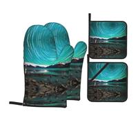 WHJSSF Green Aurora Borealis Prints - Juego de 4 manoplas de horno y soportes para ollas, capas de cocina impermeables y agarre resistente al calor, manta duradera para cocinar, hornear y hacer