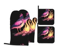 WHJSSF - Juego de 4 piezas para hornear de cocina, diseño de pájaro rosa en luz de fuego, aislante del calor y a prueba de quemaduras, para hornear en cocina y barbacoa al aire libre