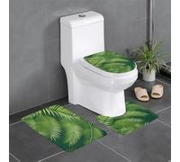 WHJSSF Juego de alfombras de baño con estampado de hojas verdes de palmera: 3 alfombrillas antideslizantes (24 x 16 pulgadas) para inodoro, tocador y baños, fácil de limpiar