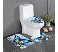 WHJSSF Juego de alfombras de baño de 3 piezas con estampado de mariposas azules en flor - Alfombrillas antideslizantes para inodoro, tocador y tapa, fácil de limpiar, antideslizante