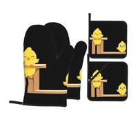 WHJSSF Juego de guantes de horno y soportes para ollas de impresión Chicken on The Board, resistentes al calor, impermeables y duraderos, juego de cuatro piezas para hornear