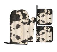 WHJSSF Juego de manoplas y soportes para ollas con estampado de piel de vacuno, color negro, poliéster impermeable, 21 x 21 cm, 4 piezas