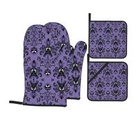 WHJSSF Juego de manoplas y soportes para ollas con patrón de terror, color morado con diseño negro, poliéster impermeable, 21 x 21 cm, 4 piezas