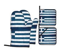 WHJSSF Juego de manoplas y soportes para ollas de cocina con bandera griega, poliéster impermeable, resistente al calor, azul y blanco, 21 x 21 cm, 4 piezas