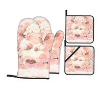 WHJSSF Little Fat Sheep Among The Flowers - Juego de guantes de horno y soportes para ollas, resistentes al calor, impermeables y duraderos, juego de cuatro piezas para hornear