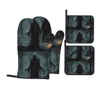 WHJSSF Monster in The Woods - Juego de guantes de horno y soportes para ollas, resistentes al calor, impermeables y duraderos, juego de cuatro piezas para hornear