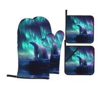 WHJSSF Northern Lights Polar Bear Prints - Juego de 4 manoplas de horno y soportes para ollas, capas de cocina impermeables y agarre resistente al calor, manta duradera para cocinar, hornear y hacer