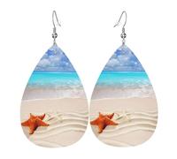 WHJSSF Pendientes de cuero con diseño de lágrima con diseño de estrella de mar y playa - Elegantes gotas colgantes para mujer, joyería ligera con ganchos chapados en plata, colores vibrantes para