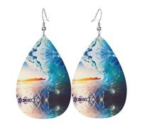 WHJSSF Pendientes de cuero con diseño de lágrima con estampado de atardecer, mar y surf, elegantes gotas colgantes para mujer, joyería ligera con ganchos chapados en plata, colores vibrantes para