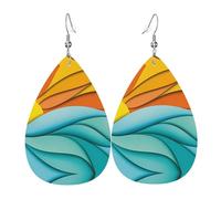 WHJSSF Pendientes de cuero con diseño de lágrima con estampado de olas del mar y atardecer, elegantes gotas colgantes para mujer, joyería ligera con ganchos chapados en plata, colores vibrantes para